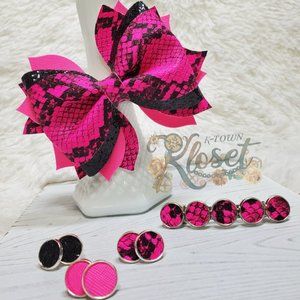 MOMMY AND ME BOW SET - Neon pink snake skin